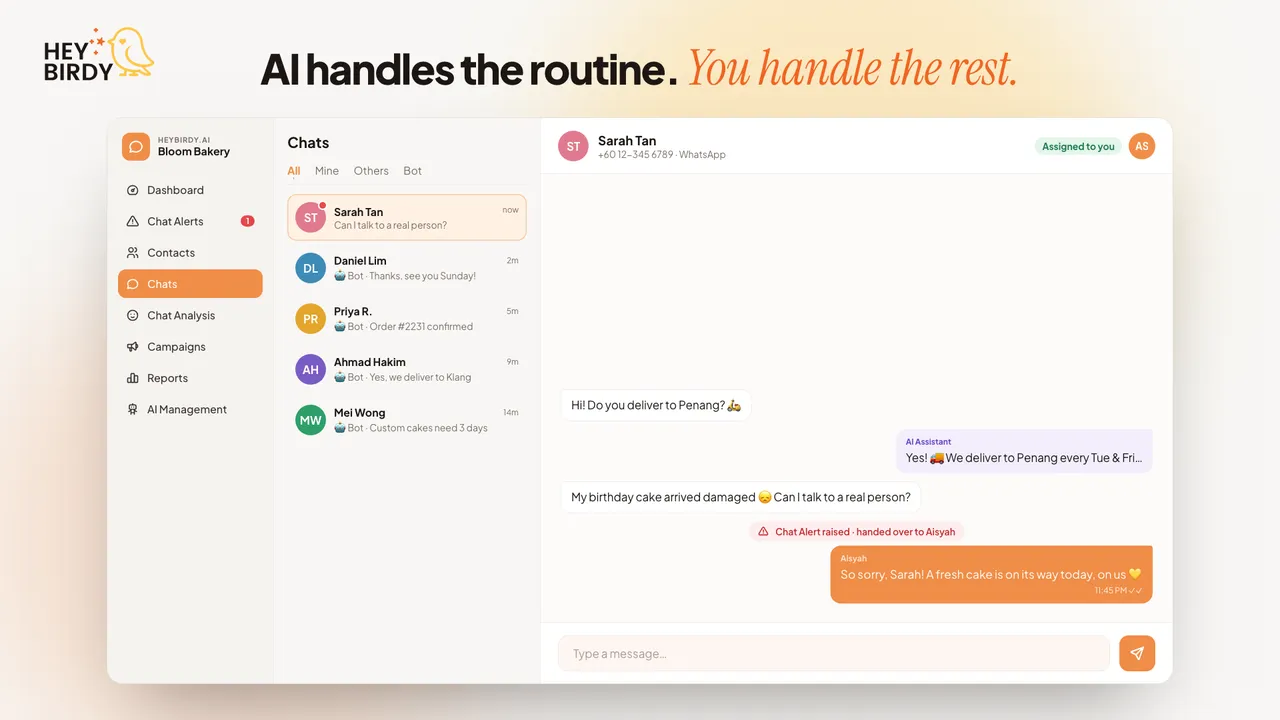 The HeyBirdy inbox: an AI assistant answers a delivery question, then hands a complaint to a named team member