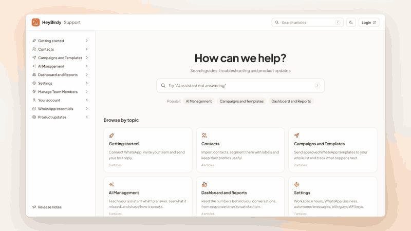 The Help Centre: searching for AI assistant not answering, opening the guide, and the Release notes link in the side menu