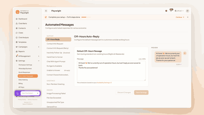 Automated Messages: the switch beside Inactivity Follow-Up turned on and off, then Unable to Answer switched to Template