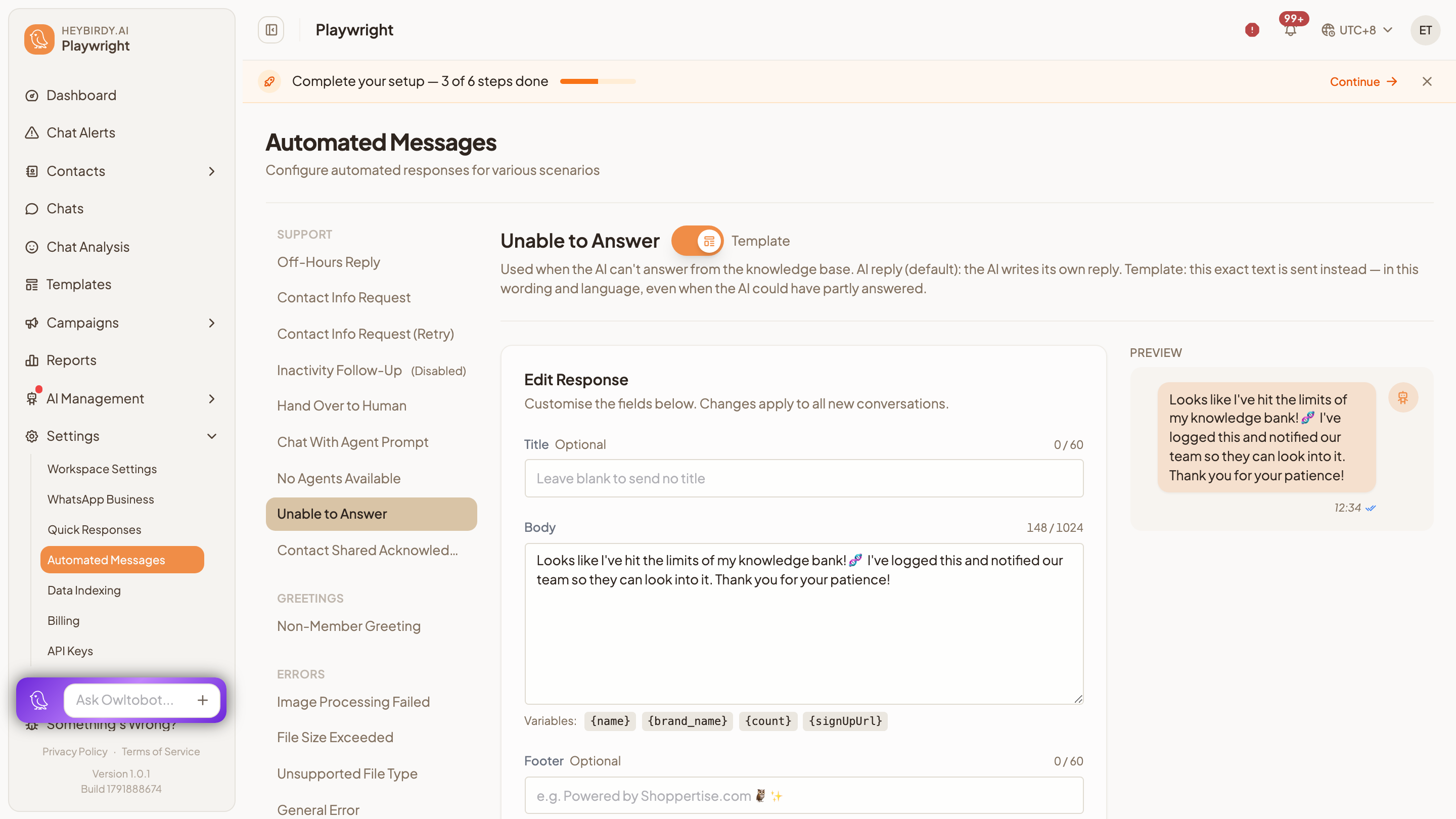 Automated Messages with Unable to Answer selected and its switch set to Template
