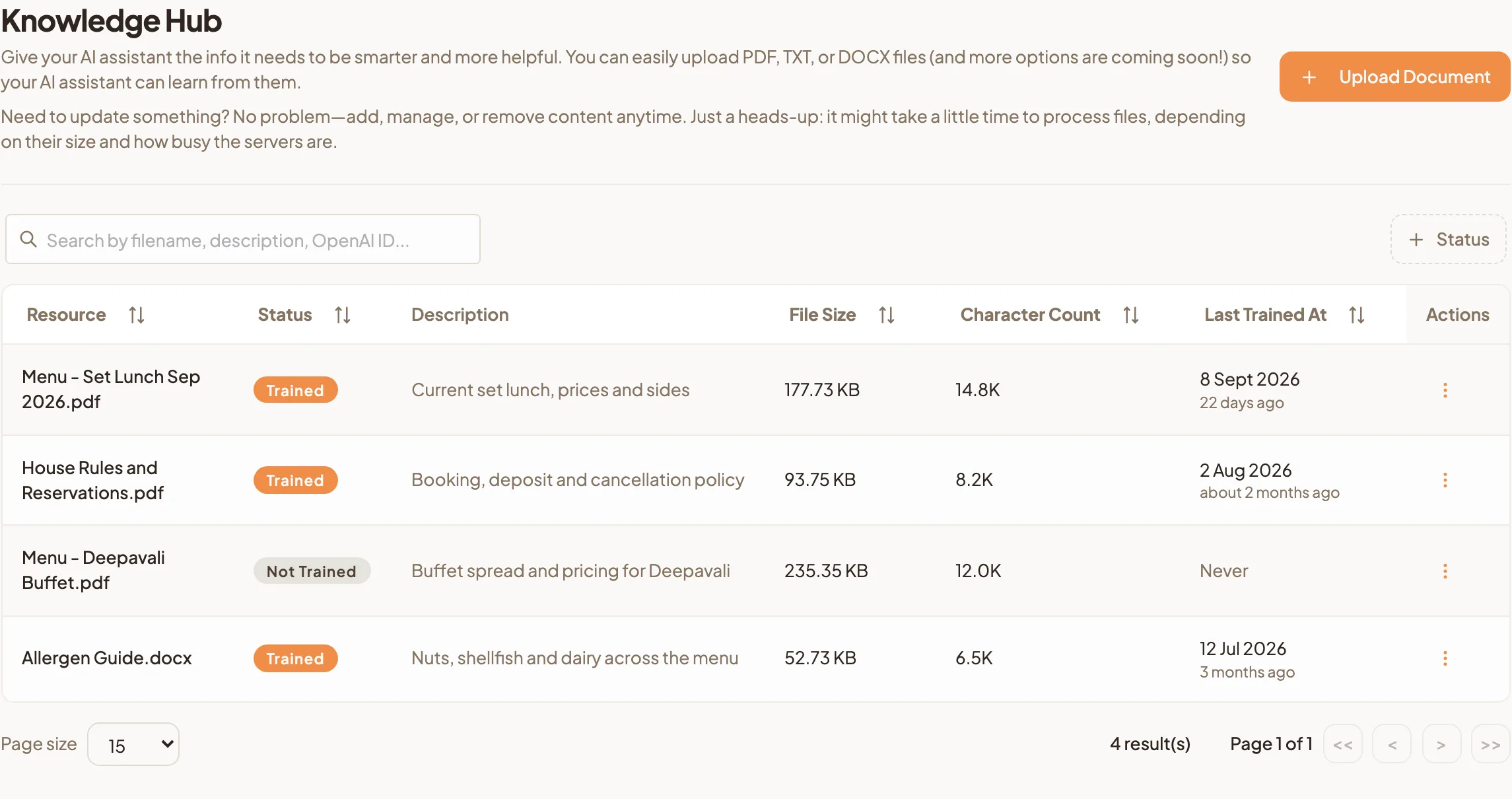 The Knowledge Hub list showing documents with Trained and Not Trained statuses and a Last Trained At column