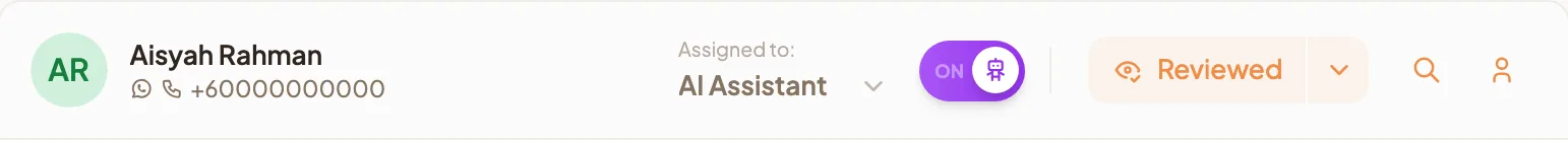 The header of an open chat showing the contact, the Assigned to menu, the AI Assistant switch, the Reviewed button with its menu, and the search and contact details icons