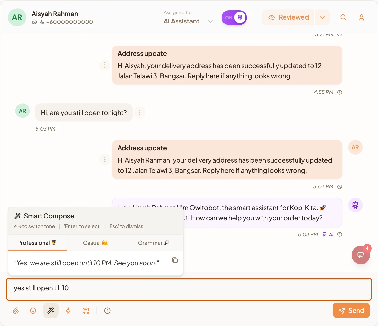 The Smart Compose panel open above the message box, showing the Professional, Casual and Grammar tones with a rewritten reply