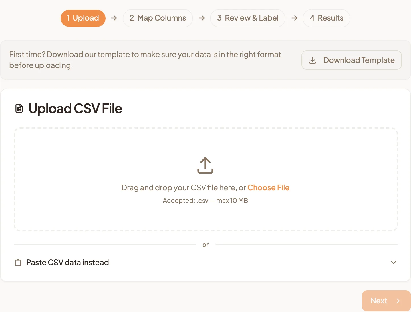 The Upload step of Import Contacts, with the template banner, the CSV upload area and the option to paste CSV data instead