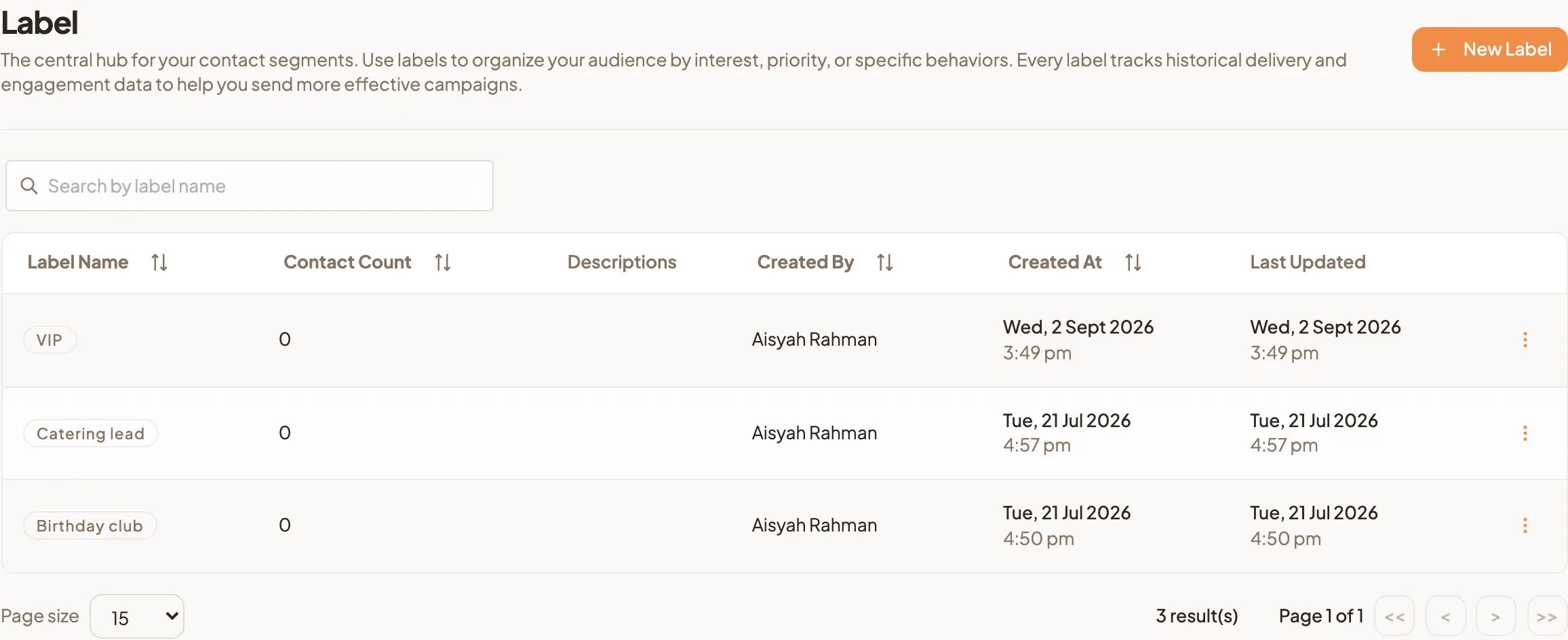 The Labels page listing labels with their contact count, creator, and created and last updated dates