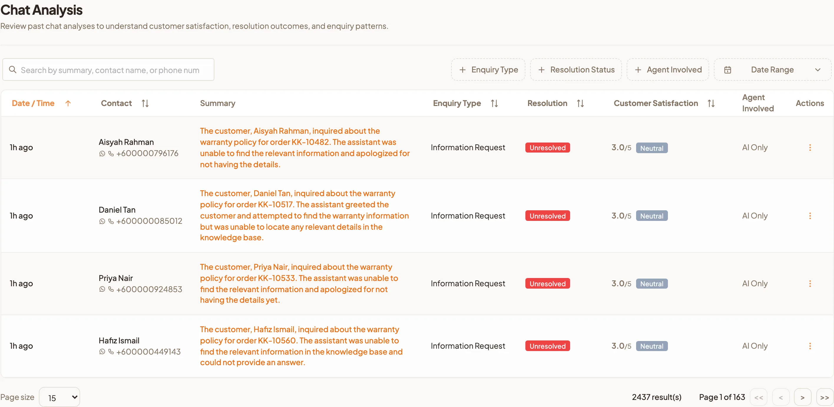 The Chat Analysis list with summary, enquiry type, resolution, customer satisfaction and agent columns