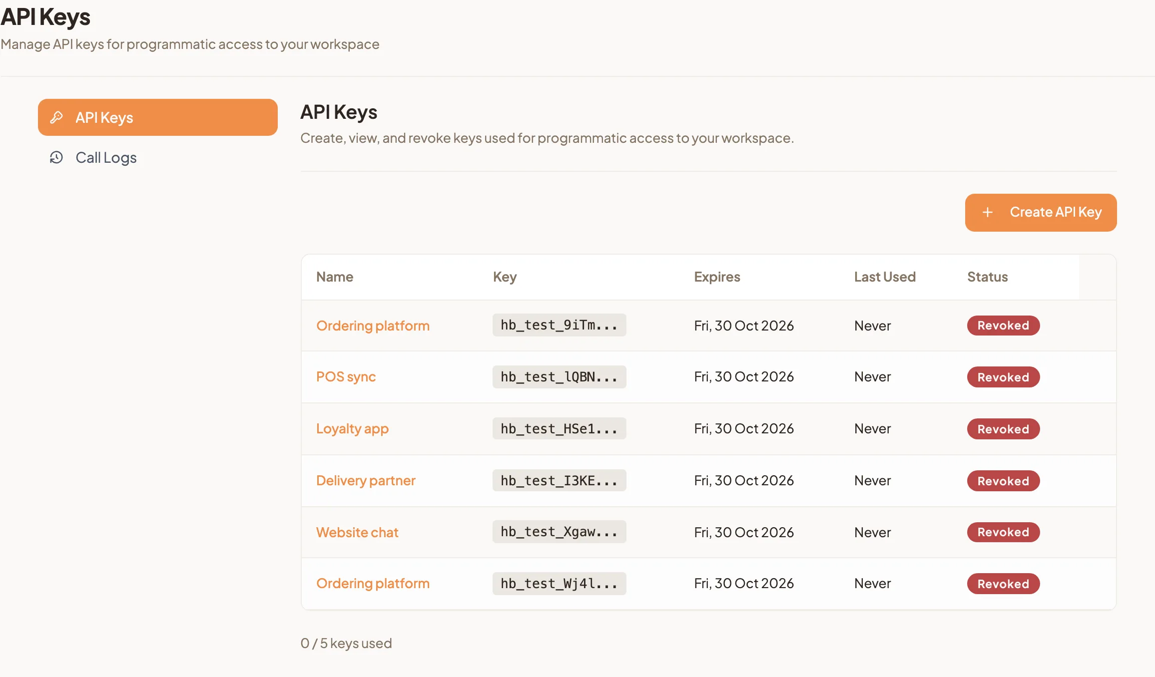 The API Keys tab listing keys with their name, key prefix, expiry, last used date and status