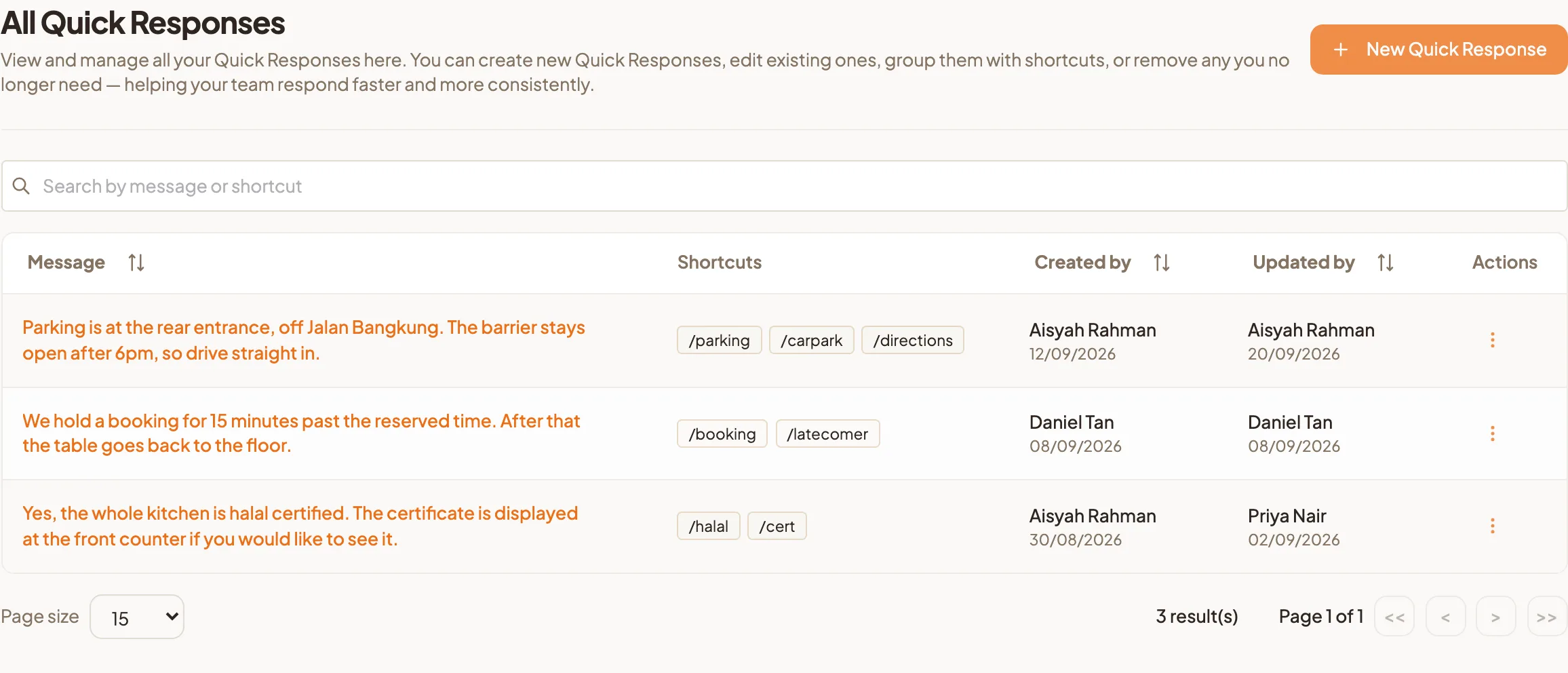 The Quick Responses list showing saved replies with their shortcuts