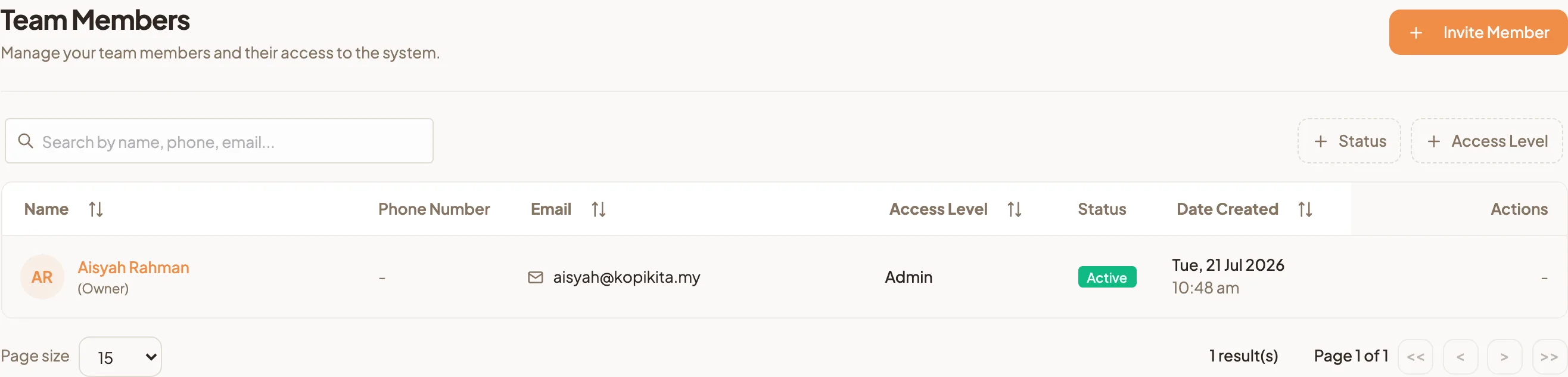 The All Team Members list with the search box, the Status and Access Level filters, and a member row showing name, phone number, email, access level, status and date created
