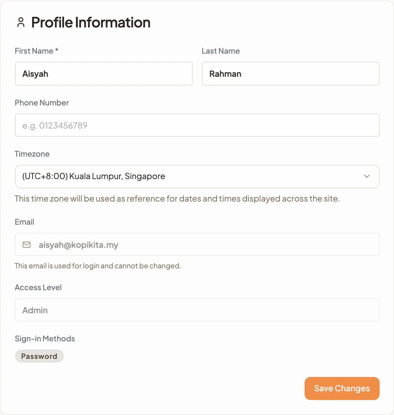 The My Profile page showing the Profile Information card with name, phone number, time zone, email, access level and sign-in methods